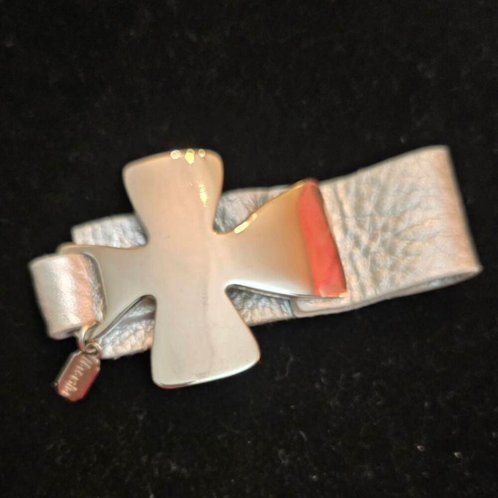 Silver Cross on soft leather band bracelet snap closer